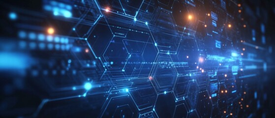 Obraz premium Futuristic Digital Interface with Glowing Hexagonal Patterns and Circuit Lines in a High-Tech Virtual Environment
