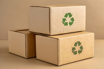 Stacked recycled cardboard boxes with visible eco-friendly symbols in a minimalist setting