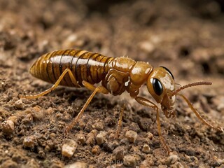 Golden Termite Crawling On Brown Earth