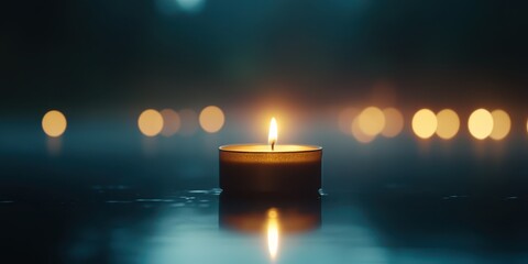 Fototapeta premium A single candle shines brightly on a serene surface, surrounded by blurred lights, creating a tranquil and atmospheric ambiance.