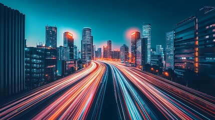 Obraz premium Night cityscape with light trails on highway.