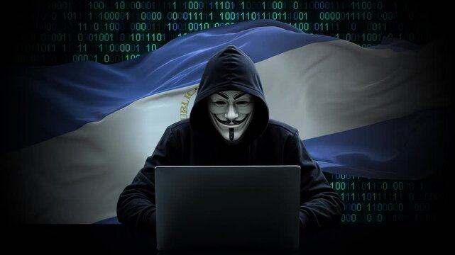 Nicaragua flag - 3D realistic waving flag on matrix digital background with binary code