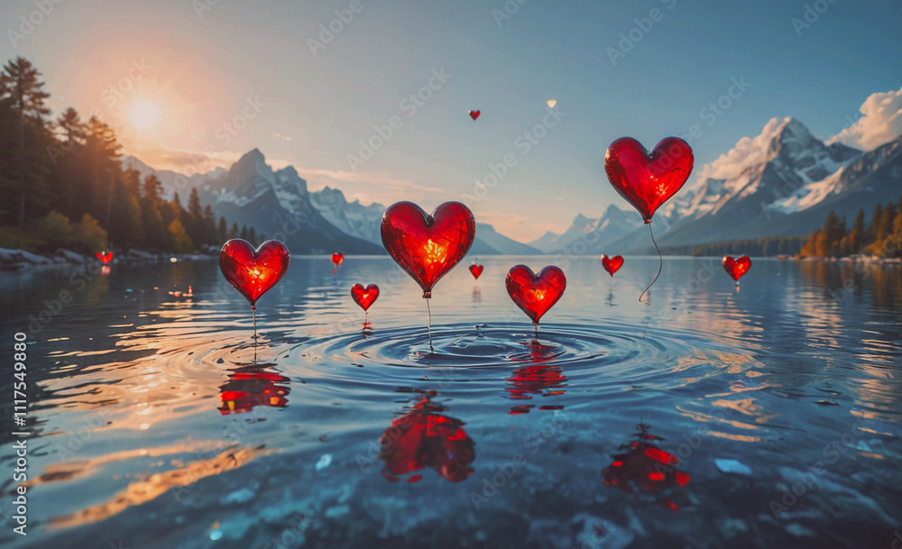 Poster group of red balloons floating in the water. there are five balloons in total. the balloons are scat