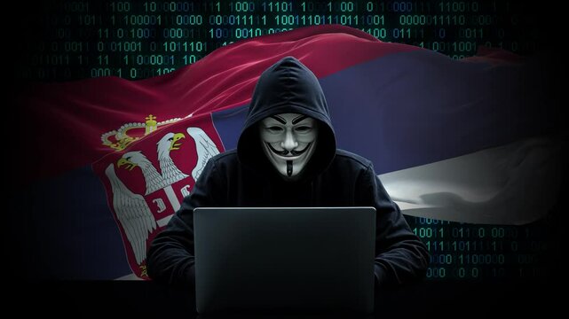 Serbia flag - 3D realistic waving flag on matrix digital background with binary code