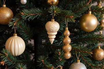 Fototapeta premium Christmas tree branches close-up ornaments greenery metallic cream