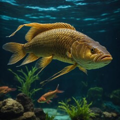 A golden arowana fish swimming regally in a serene aquarium.