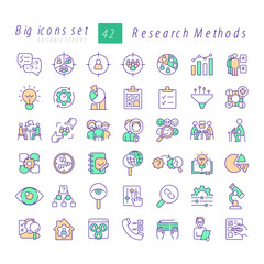 Research methods RGB color icons set. Target audience, marketing strategy. Communication, culture, Isolated vector illustrations. Simple filled line drawings collection. Editable stroke
