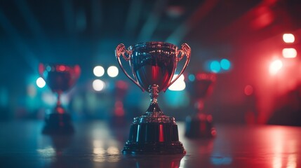A close-up of a shiny trophy, set against a backdrop of colorful lights, symbolizing achievement and celebration in a competitive setting.