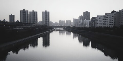 Fototapeta premium A tranquil urban landscape featuring a river reflecting high-rise buildings under a hazy sky, creating a serene yet somber atmosphere.