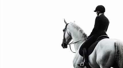 Rolgordijnen zonder boren Silhouette of a male equestrian in a black suit and helmet riding a white horse on a stark white background, creating a dramatic and elegant scene. © Steven