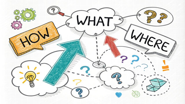 creative brainstorming diagram with how, what, where ideas