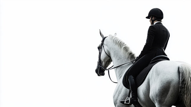 Silhouette of a male equestrian in a black suit and helmet riding a white horse on a stark white background, creating a dramatic and elegant scene.