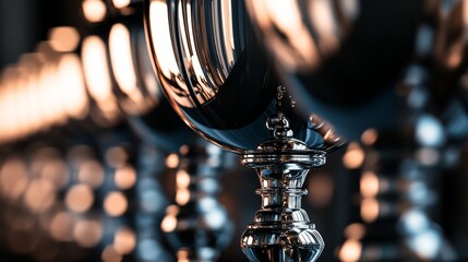 A close-up of polished silver goblets arranged in a row, reflecting soft lighting, showcasing intricate details and elegance.