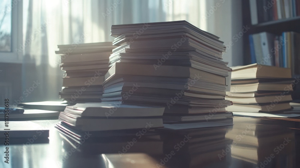Poster Sunlit Stacks Of Books On A Desk Near A Window