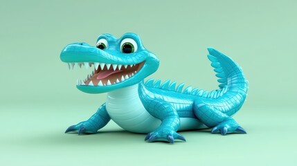 A cheerful teal cartoon alligator smiles broadly