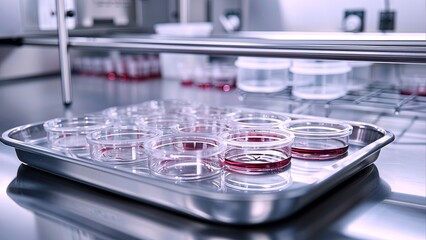 Petri dish close-up. The concept of laboratory research. Petri dish background. Deep shadows. Laboratory. Petri dishes. Space for copying text. Generate AI.