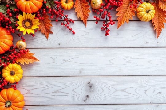 Festive autumnal arrangement rustic wooden surface artificial leaves etc