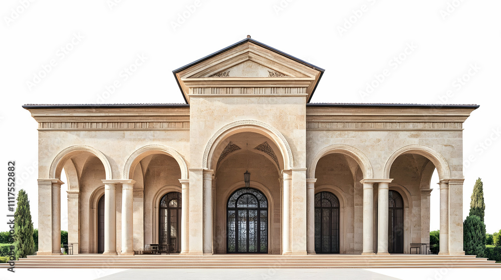 Poster a grand, classical-style building with arches and columns, designed for elegance and function.