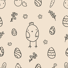 Easter Pattern with Bunnies, Eggs, and Chicks on Yellow Background. Hand Drawn Easter Ornament.