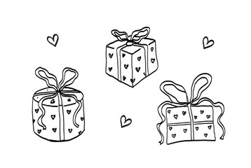 Valentine’s Day Gift Boxes set. Presents with Bow and Heart Pattern. Hand Drawn Line Art Illustration.