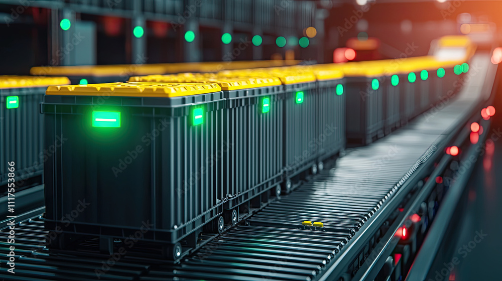 Poster Conveyor belt transporting modern crates in a high-tech storage facility.
