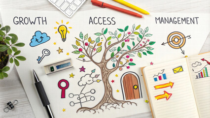 Creative workspace with hand drawn tree and growth concept