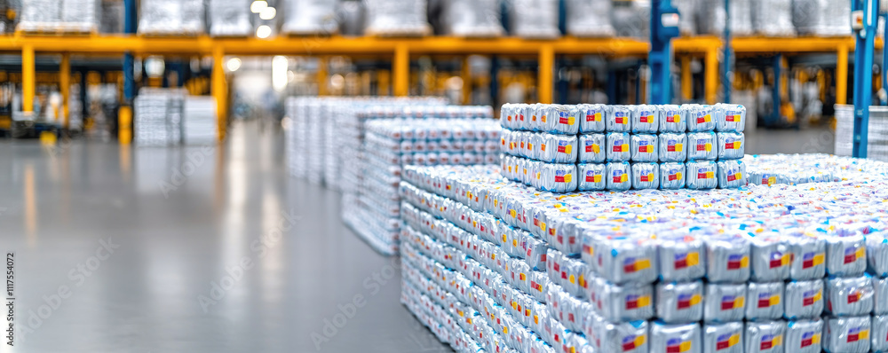 Poster Efficient warehouse storage showcasing neatly stacked product boxes on pallets.