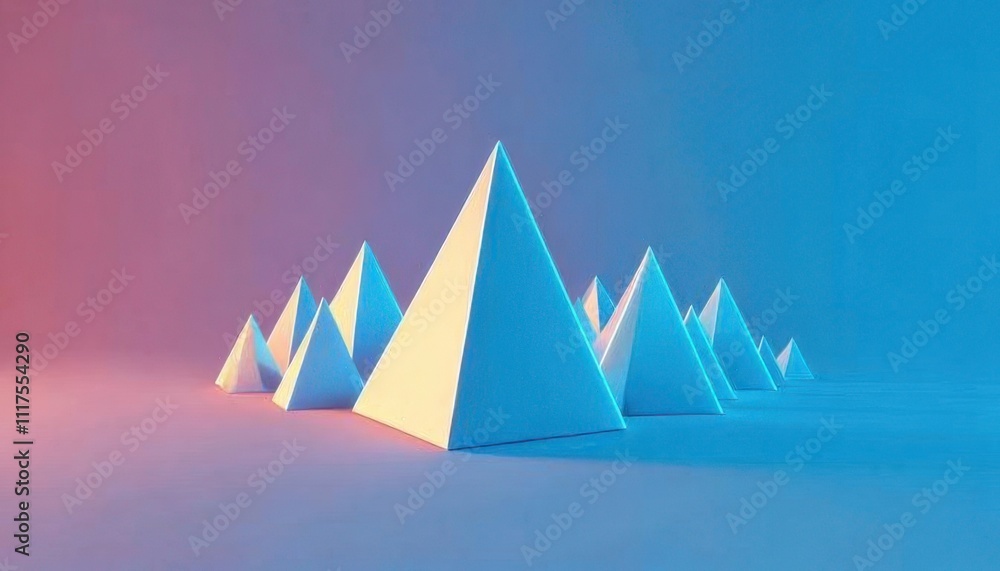 Poster abstract pyramids in a gradient background of pink and blue, creating a modern, minimalist aesthetic