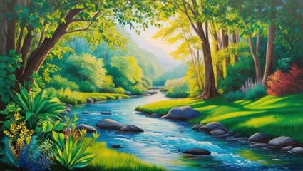 A serene landscape featuring a vibrant river surrounded by lush greenery, sunlight filtering through trees, and colorful plants along the banks.
