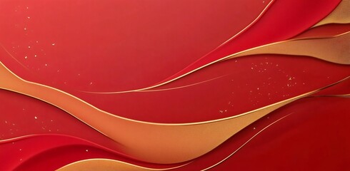 Luxurious yellow silk and ribbon adorned with golden sparkles on a rich red background, creating an opulent and elegant atmosphere with ample white space.