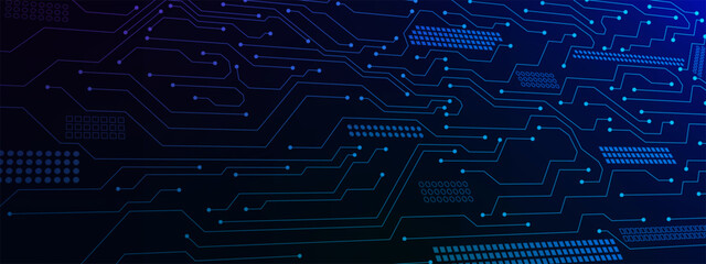 Abstract computer technology with circuit board and electronic elements background. Futuristic connecting dots lines and digital data concept backdrop