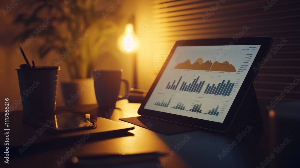 Poster Tablet Displaying Financial Data Graphs In Evening Light