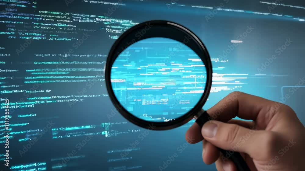Poster magnifying glass over digital code, concept of cybersecurity, data analysis, and software debugging 