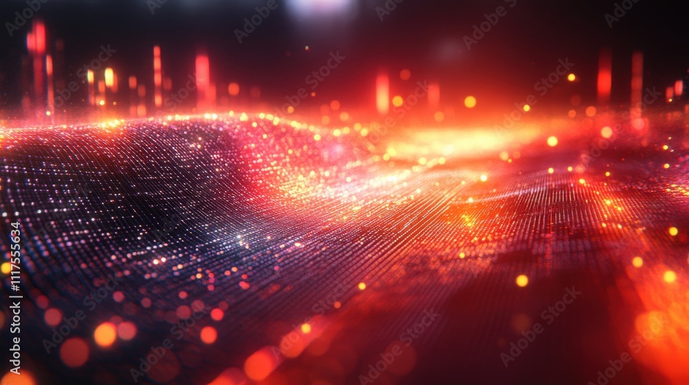 Poster abstract digital landscape with vibrant glowing particles and intricate wave patterns creating a dre