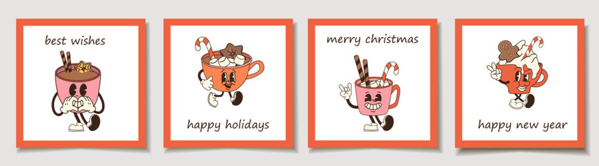 Set of Holiday cards with retro cartoon cup of hot chocolate with marshmallows and a candy cane. Greeting cards.