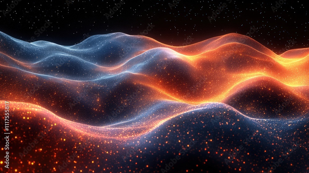 Poster abstract representation of glowing waves with shimmering particles creating a captivating visual of 