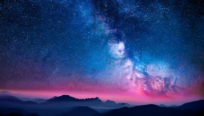 Naklejka premium Enchanted Celestial Landscape: Twilight Sky Merging Stars and Mountains
