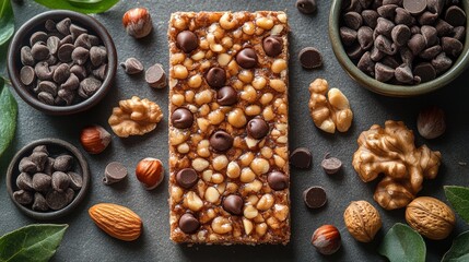 Crispy rectangular bar with nuts and chocolate chips on a gray background