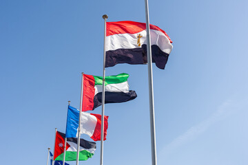 Egypt, United Arab Emirates, France, and Jordan flags waving together against a clear sky.