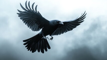 Majestic Black Raven In Flight Soaring Through Cloudy Skies