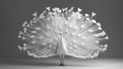Majestic white male peacock with an impressive fan of tail feathers, standing proudly