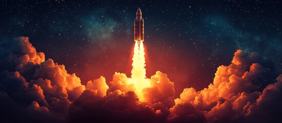 Rocket launching through fiery clouds and starry night sky.