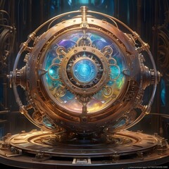 Fototapeta premium A Majestic Steampunk Orb: Intricate Clockwork Mechanism in a Mystical Setting