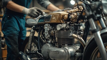 Mechanic repairing a vintage motorcycle engine