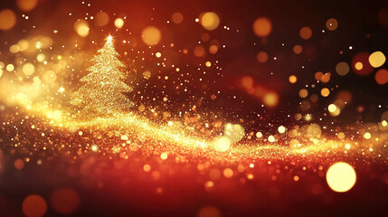 Obraz premium A Christmas tree made of golden light particles, glittering and glowing against a red background, with blurred lights and a festive, warm New Year's atmosphere, soft lighting effects.