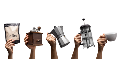 Various hands holding coffee brewing equipment isolated from background