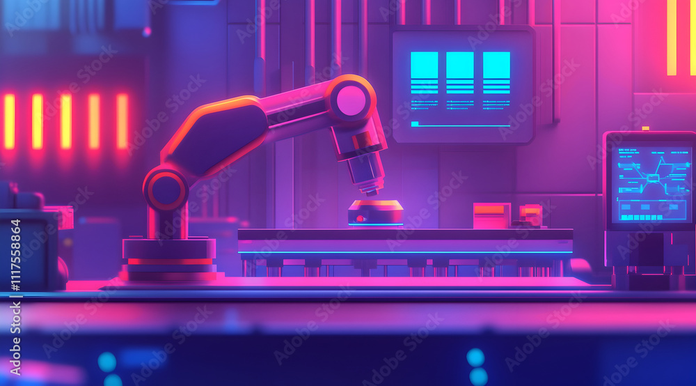 Poster a vibrant, futuristic setting featuring a robotic arm in a high-tech environment, illuminated by col
