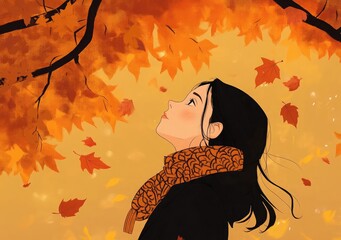 A girl standing under a maple tree, looking up at its leaves falling in autumn, wearing a black coat and scarf with