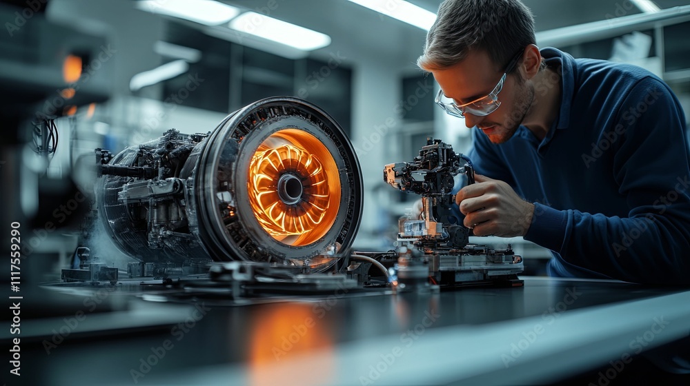 Poster engineer inspecting glowing turbine engine component