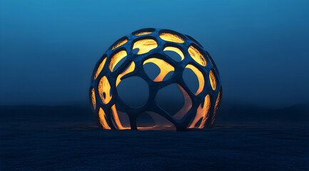 Fototapeta premium A glowing spherical structure with intricate patterns stands out against a dark background, creating an ethereal and artistic atmosphere.